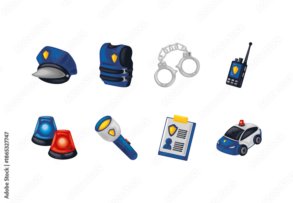 Colorful Police Tools Uniform Handcuffs Patrol Illustrations Set Stock ...