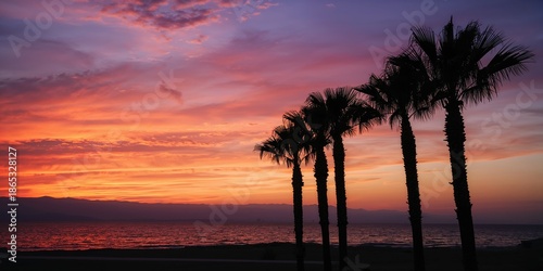 Sunset over a tranquil lake with a row of palm trees by the shoreline, suitable for landscape or travel imagery