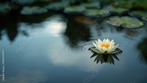 Water lily Nymphaeaceae with broad floating leaves in a serene pond, ideal for natural landscape design, Earth Day