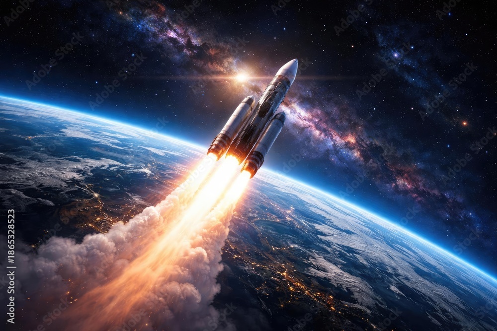 Fototapeta premium blazing rocket thrust propels spacecraft beyond earth atmosphere