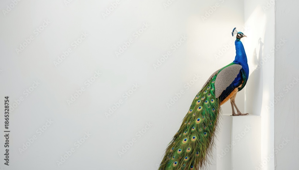 Fototapeta premium Peacock perched on a white wall, emphasizing feather arrangement and vibrant hues