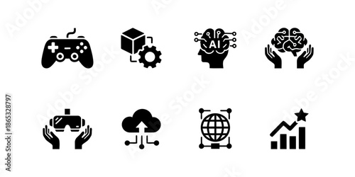 A collection of creative vector designs of technology symbol icons in a modern, simple, clean and abstract style.