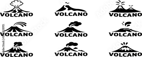 Repeating volcano logo design with erupting lava and bold typography, clean vector style, suitable for branding, labels, and warning concepts.