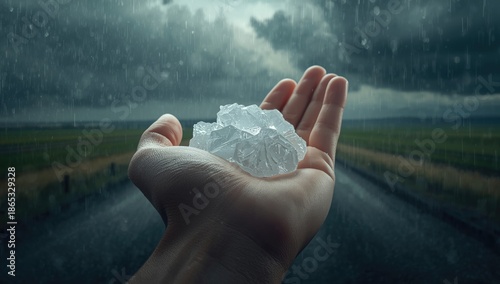 A person clutching hailstones, highlighting the effects of severe weather events