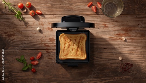 White toast slices with golden crust in a sandwich maker, topped with spices, tomato, and garlic, emphasizing fast meal preparation, top view, rustic indoor table