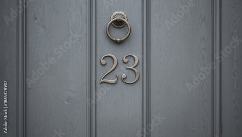 Gray wooden front door with house number 23, serving as an identification feature
