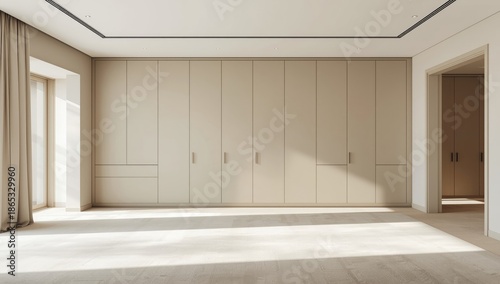 New house interior featuring built-in wardrobes with closed doors, focusing on modern storage solutions