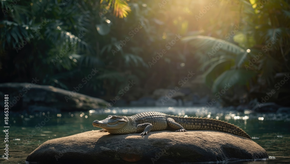 Fototapeta premium Basking crocodile in natural setting at outdoor adventure park, wildlife observation