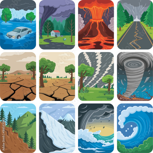 Vertical illustration set showing diverse natural disasters across landscapes, including floods, volcanoes, earthquakes, tornadoes, storms, wildfires, and climate impacts.