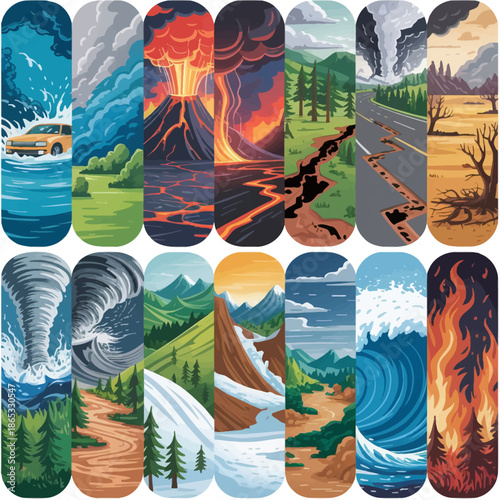 Vertical illustration set showing diverse natural disasters across landscapes, including floods, volcanoes, earthquakes, tornadoes, storms, wildfires, and climate impacts.