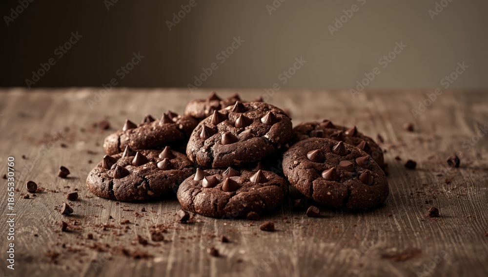 Obraz premium Chocolate cookies and white cake slices arranged for bakery product display backgrounds