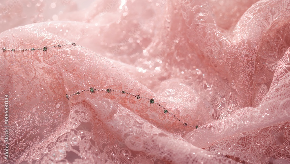 Fototapeta premium Shimmering pink lace with detailed floral and mesh textures accented by a green gemstone-lined stripe, used as a decorative fabric surface