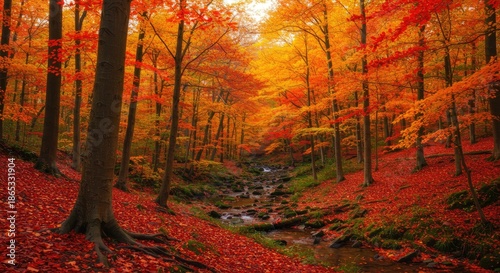 A vibrant, colorful autumn forest with a flowing stream