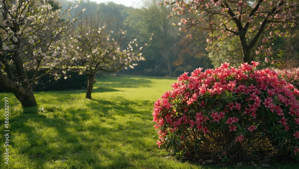 Obraz premium Beautiful garden featuring flowering azaleas and fresh spring foliage, suitable for environmental awareness visuals, Earth Day
