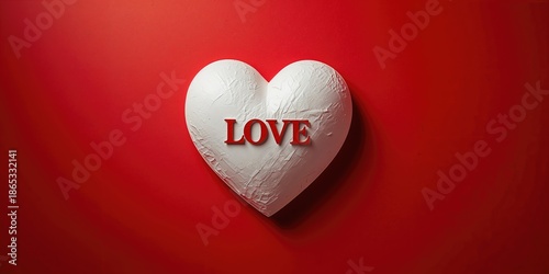 Red background featuring a white and red handcrafted heart with LOVE inscription, used as Valentineâ€™s Day decoration