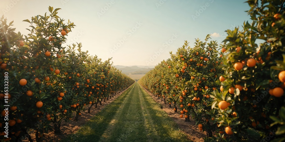Fototapeta premium Rows of orange trees during peak harvest in bright sunlight, highlighting agricultural activity, World Agriculture Day