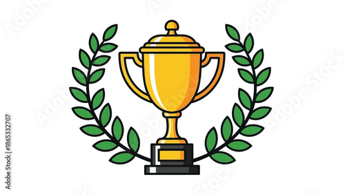 A golden trophy encircled by lush green laurel leaves symbol of victory