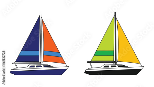 Two colorful sailboats with triangular sails are depicted in a simple illustration