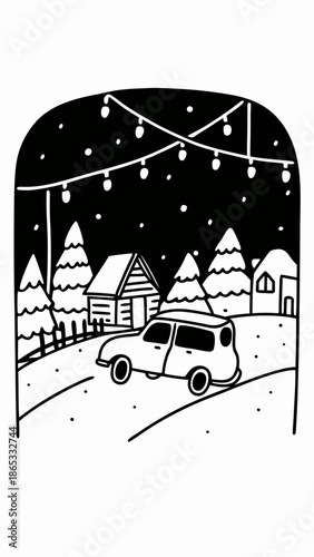 Cozy Winter Village Scene with Twinkling Lights and Small Car