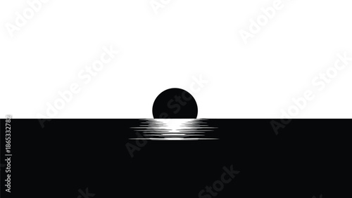 Minimalist black and white landscape depicting a sun setting over water