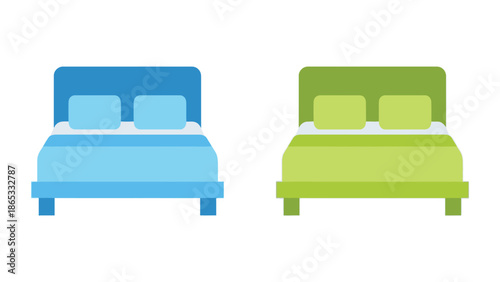 Two flat design beds in blue and green colors side by side