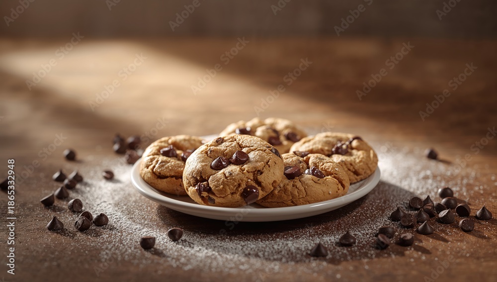 Fototapeta premium Chocolate chip cookies served on a plate, highlighting baking quality for food production monitoring