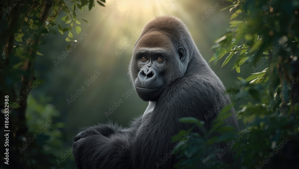 Obraz premium Gorilla in a forest setting, highlighting habitat preservation for Earth Day