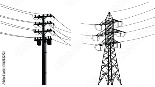 Black and white illustration of high voltage power lines and towers