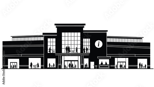 A striking black and white silhouette of a modern building facade with people