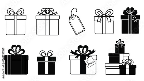 A collection of monochrome gift boxes ribbons and tags for celebrations