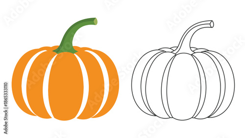 A colorful pumpkin illustration paired with its black and white outline version