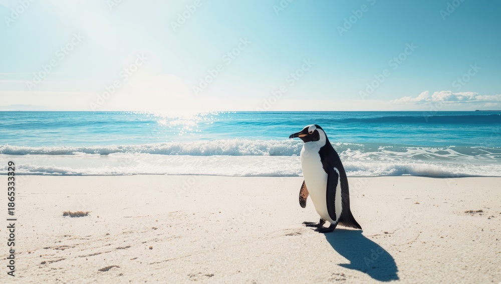 Obraz premium Secluded penguin on a coastal shoreline, highlighting natural habitat conservation