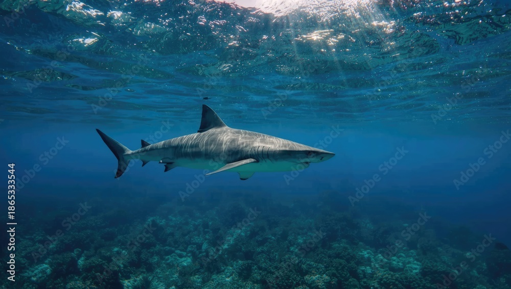 Fototapeta premium Bull shark in ocean waters near reef, illustrating marine predator activity, World Ocean Day