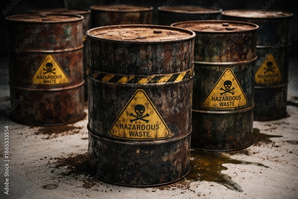 Naklejka premium Old iron drums storing hazardous waste with rust marks on a white surface