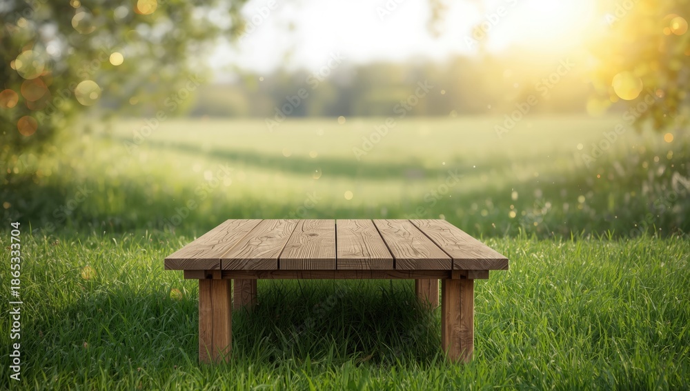 Fototapeta premium Wooden plank surface and meadow scene with blurred lights, designed for background use in layouts or editorial headers, Earth Day