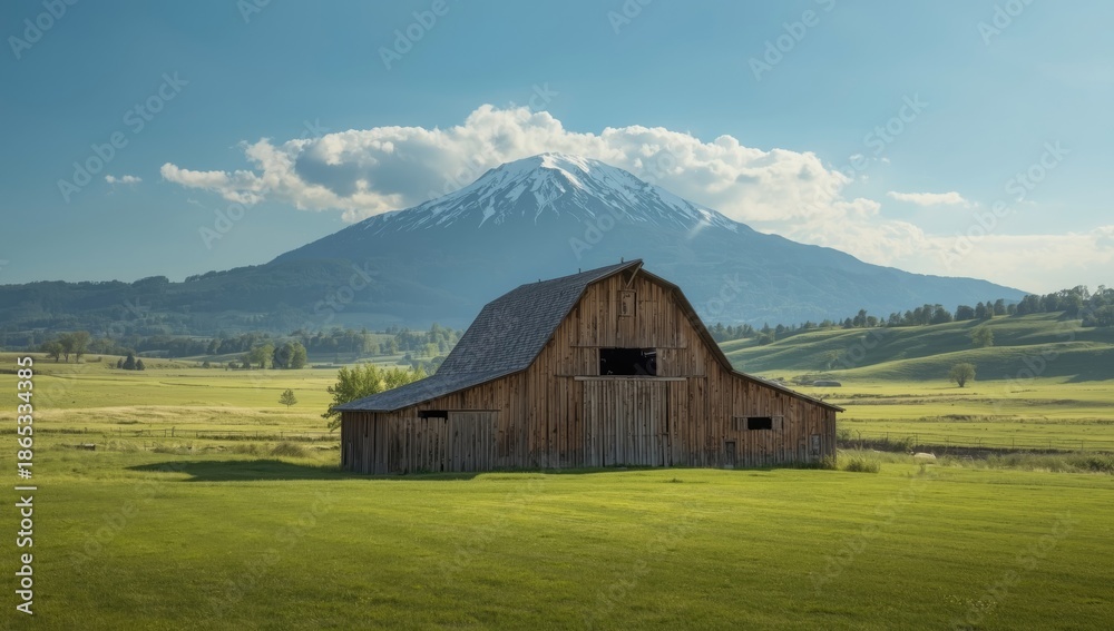 Fototapeta premium Rustic barn nestled in mountainous landscape, used for agricultural storage and farm operations