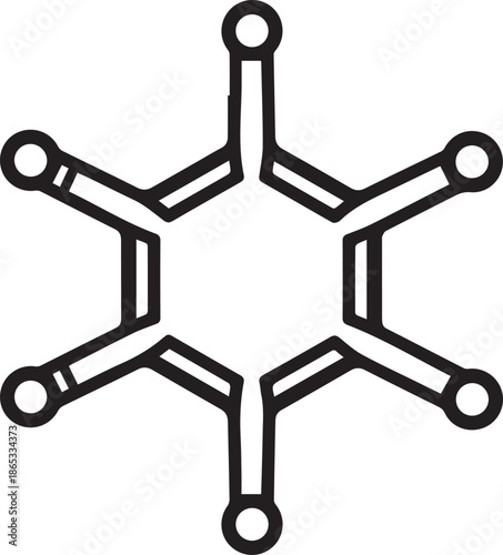 Geometric hexagon molecular structure icon with radiating arms, a detailed abstract graphic representing connection and complexity