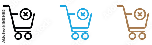 Shopping cart icons in black, blue, and brown with a cross