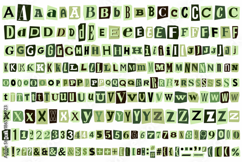Ransom cut out collage alphabet vector. Trendy blackmail kidnapper anonymous note font with Latin letters, numbers, and symbols. Criminal detective scrap style. Green tones. Compose your own message