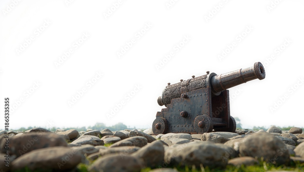 Fototapeta premium Ancient Thai-style cannon on a plain white surface for display purposes, travel, white, metal, park, Thailand, old, rock, military, iron