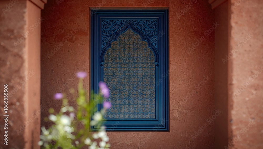 Fototapeta premium Old city Moroccan blue forged window with intricate metalwork, suitable for UI backdrop, World Malaria Day
