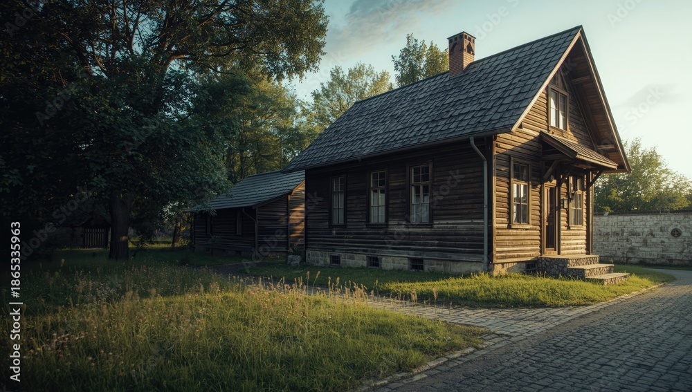 Fototapeta premium Traditional wooden house in a village setting, highlighting rural construction styles