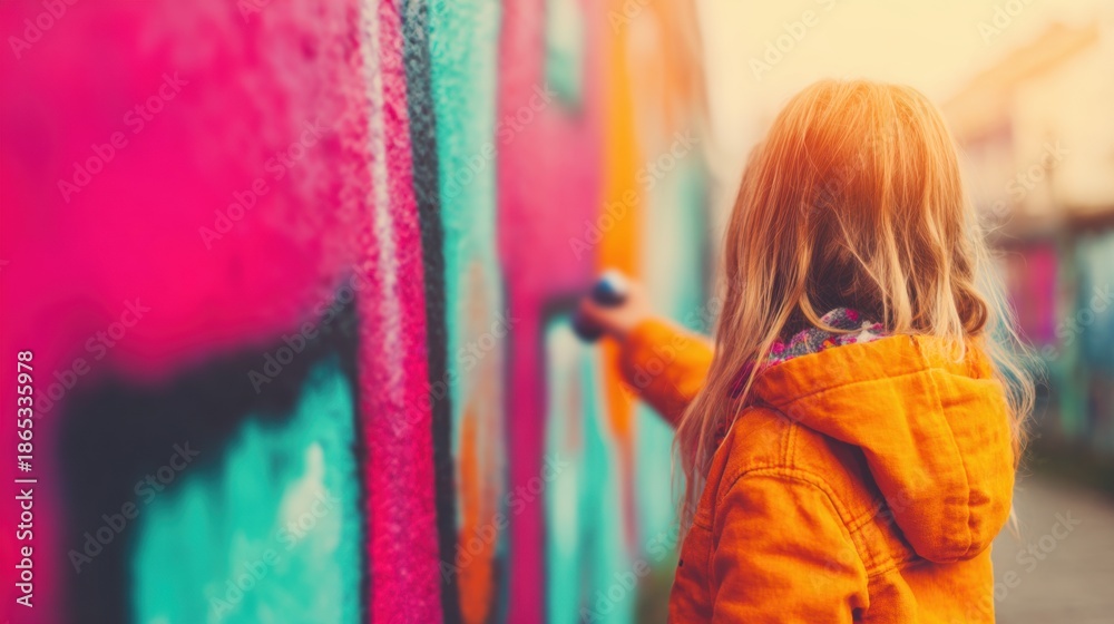 Naklejka premium Child creating street art in bright colors on a city wall during daylight