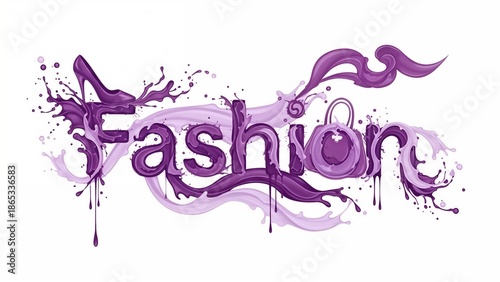 Purple Fashion typography with splash design and artistic lettering. Trendy purple fashion text with a splash effect and artistic lettering, adding a fun and stylish flair to the design