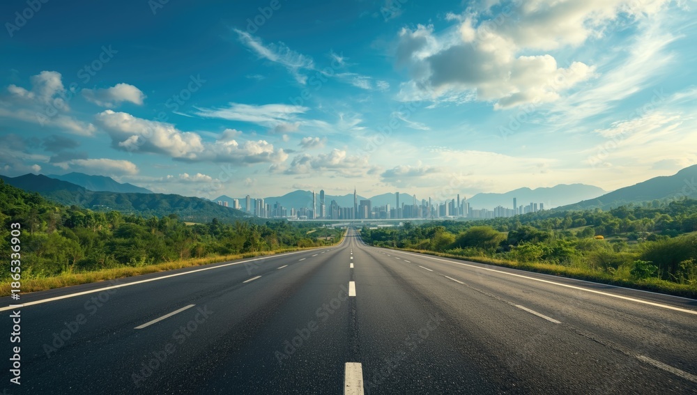 Fototapeta premium Urban highway traversing lush mountain terrain with cityscape below, infrastructure and environmental balance