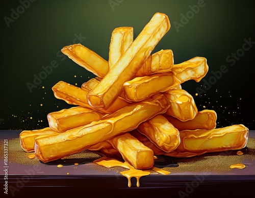 pop art style image of fried potato sticks covered in gold metallic paint