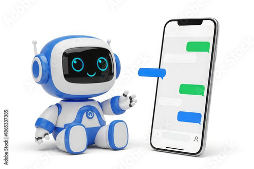 Cute 3D robot assistant chatting with a smartphone, showing speech bubbles on screen, symbolizing artificial intelligence, chatbot communication, and modern digital technology