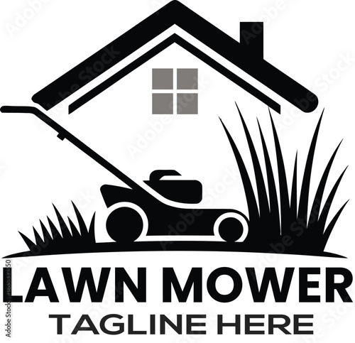 Residential lawn care and maintenance service logo featuring a house and a push mower