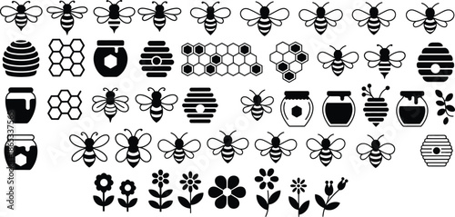A comprehensive collection of charming bee, honey, honeycomb, and floral vector icons in black silhouette