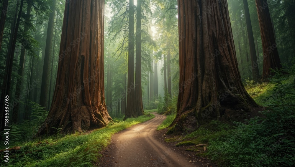 Fototapeta premium Redwood Forest with towering trees and a trail, highlighting environmental conservation
